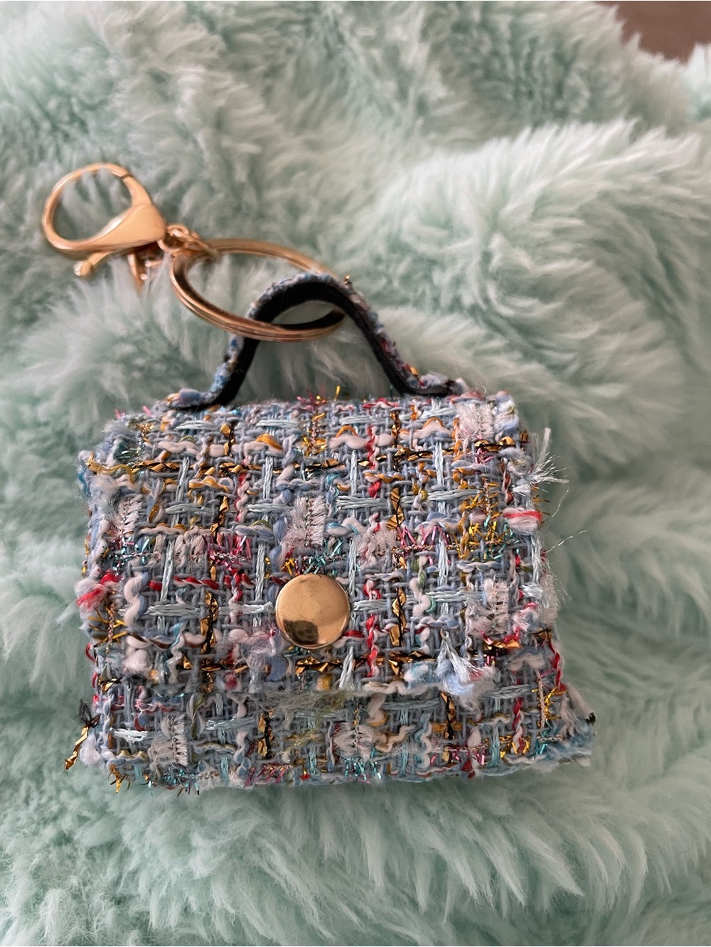 Light Blue Tweed Mini Bag Charm with Gold Hardware